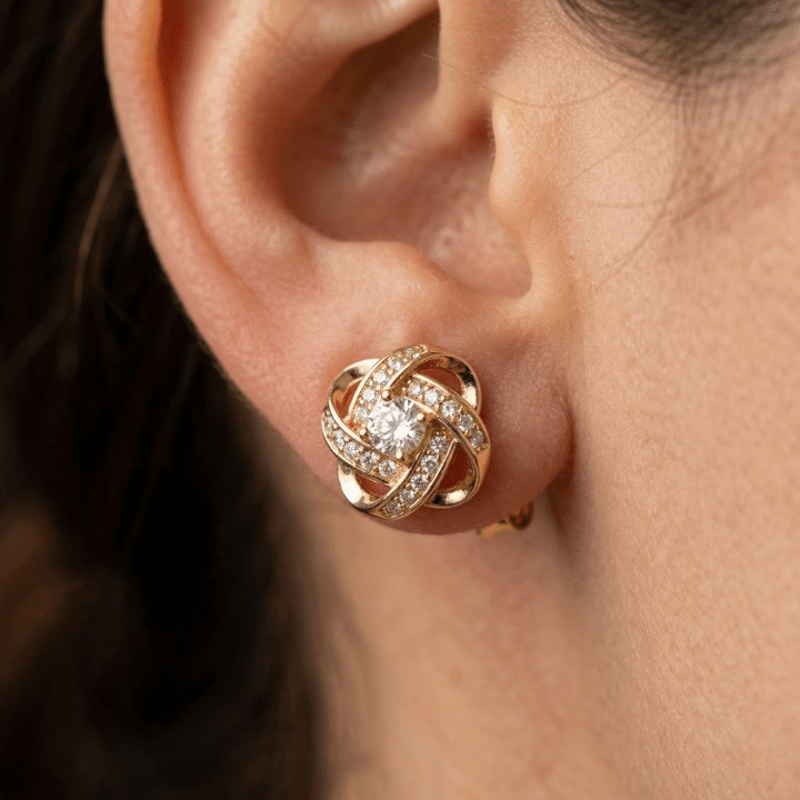 Boucles d'oreilles Puces Spirales Fleurs Cristal Dorées